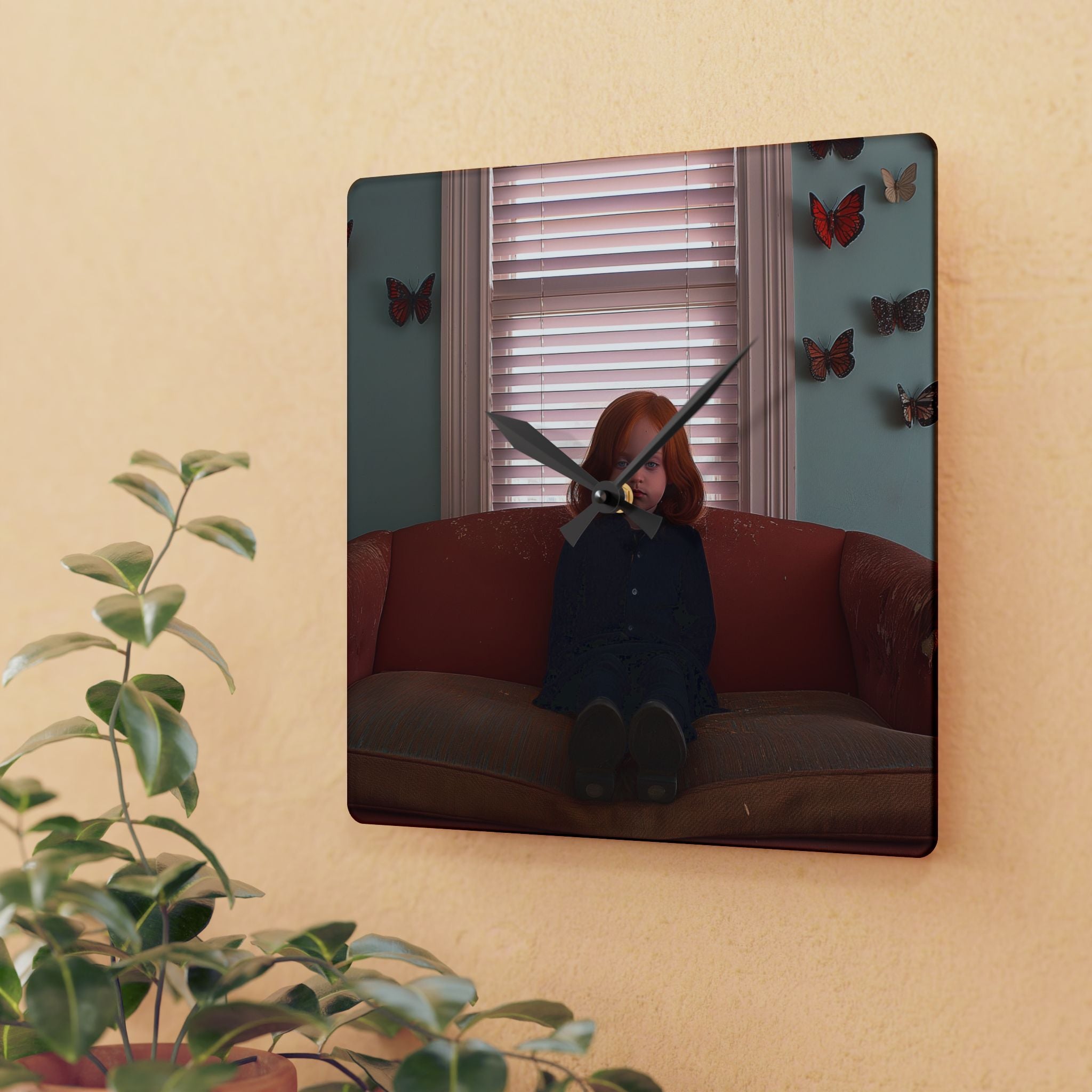 Creepy Vintage Girl Acrylic Wall Clock — Retro Butterfly Living Room Decor