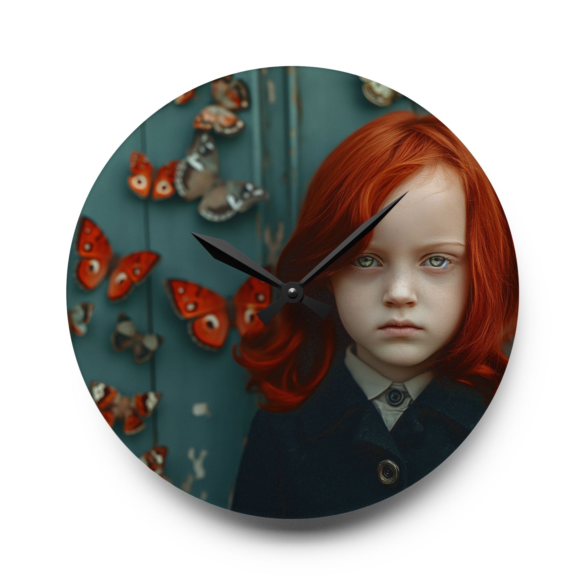 Red-Headed Girl & Butterflies Acrylic Wall Clock — Moody Vintage Portrait Decor