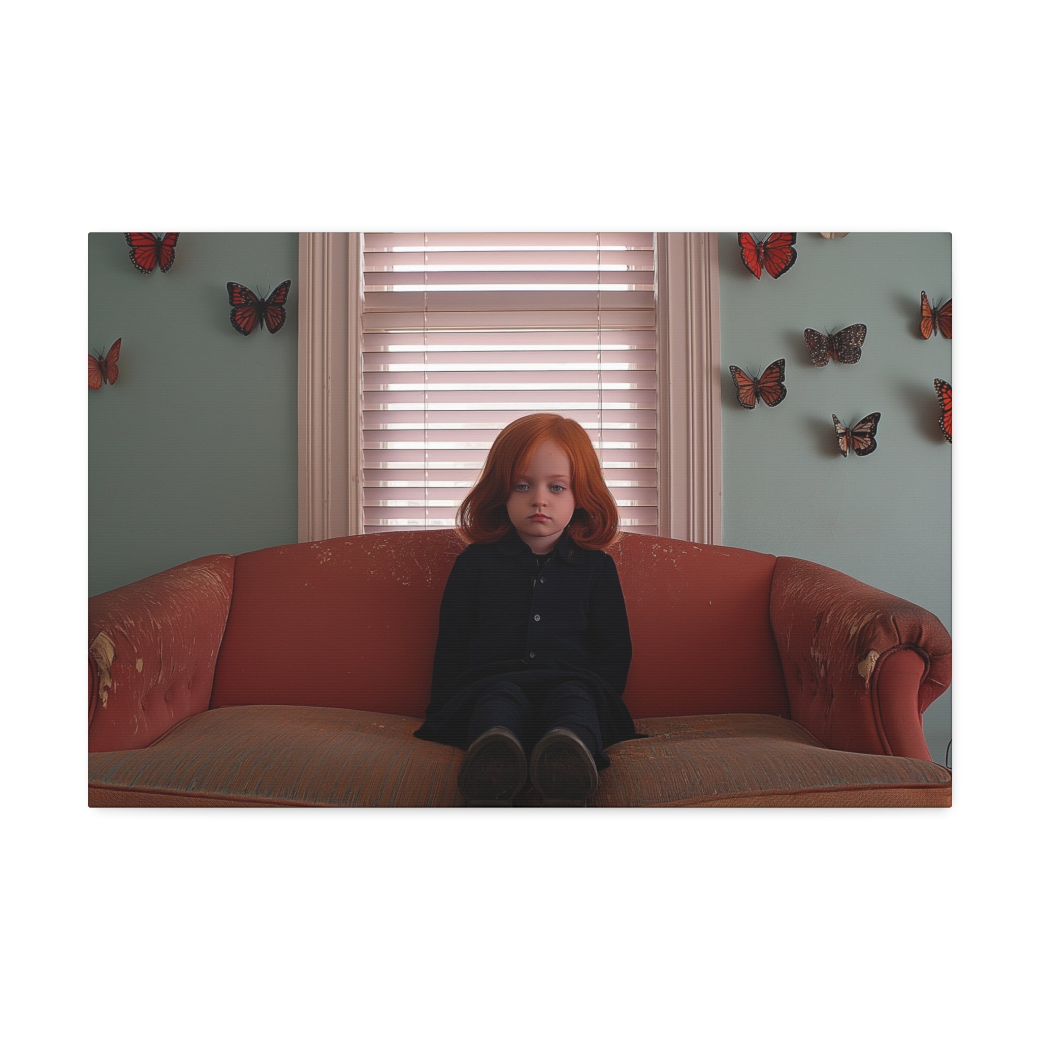 Vintage Portrait Canvas Print — Girl on Sofa with Butterfly Wall Art, Stretched 1.5"