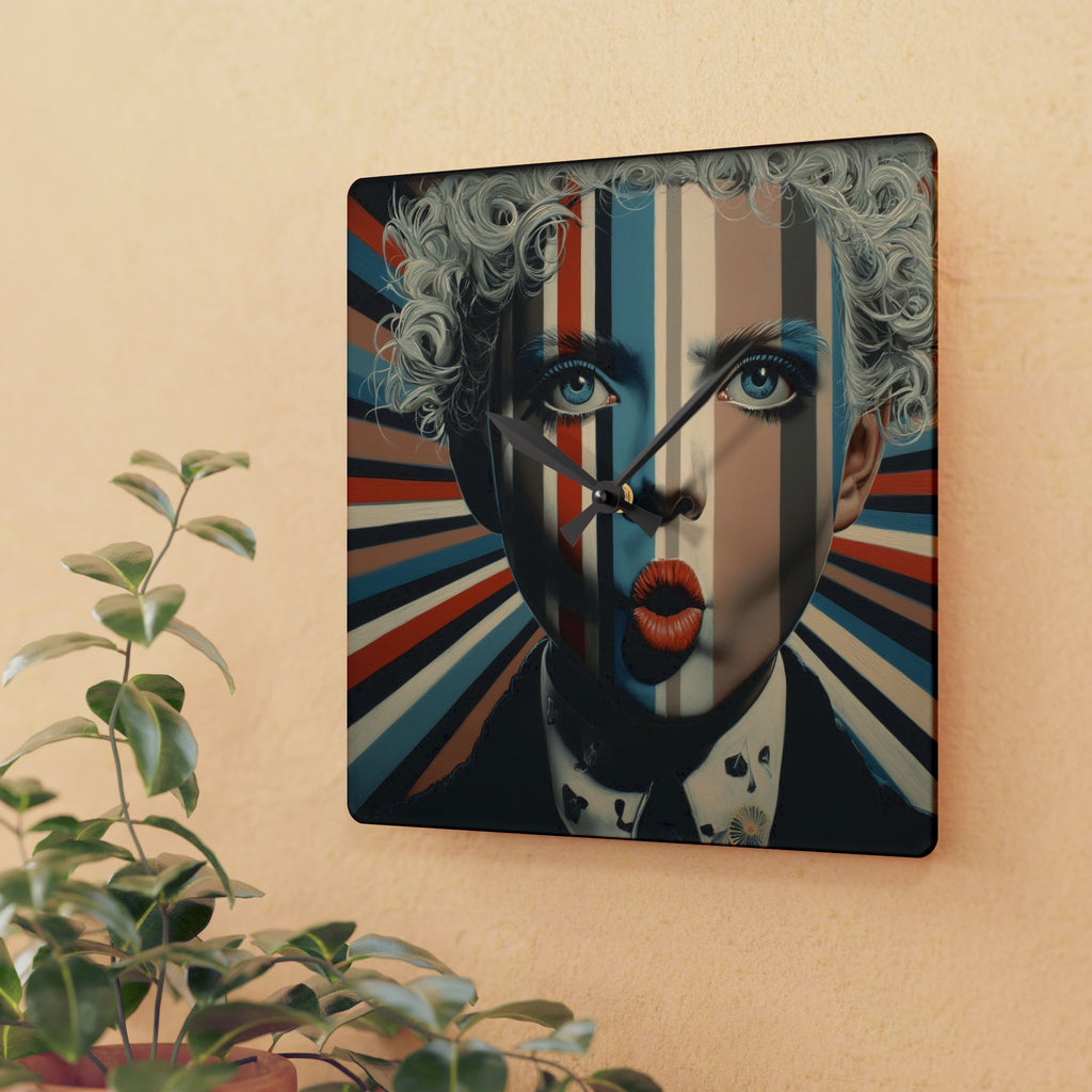 Pop Art Portrait Acrylic Wall Clock — Retro Geometric Face Design