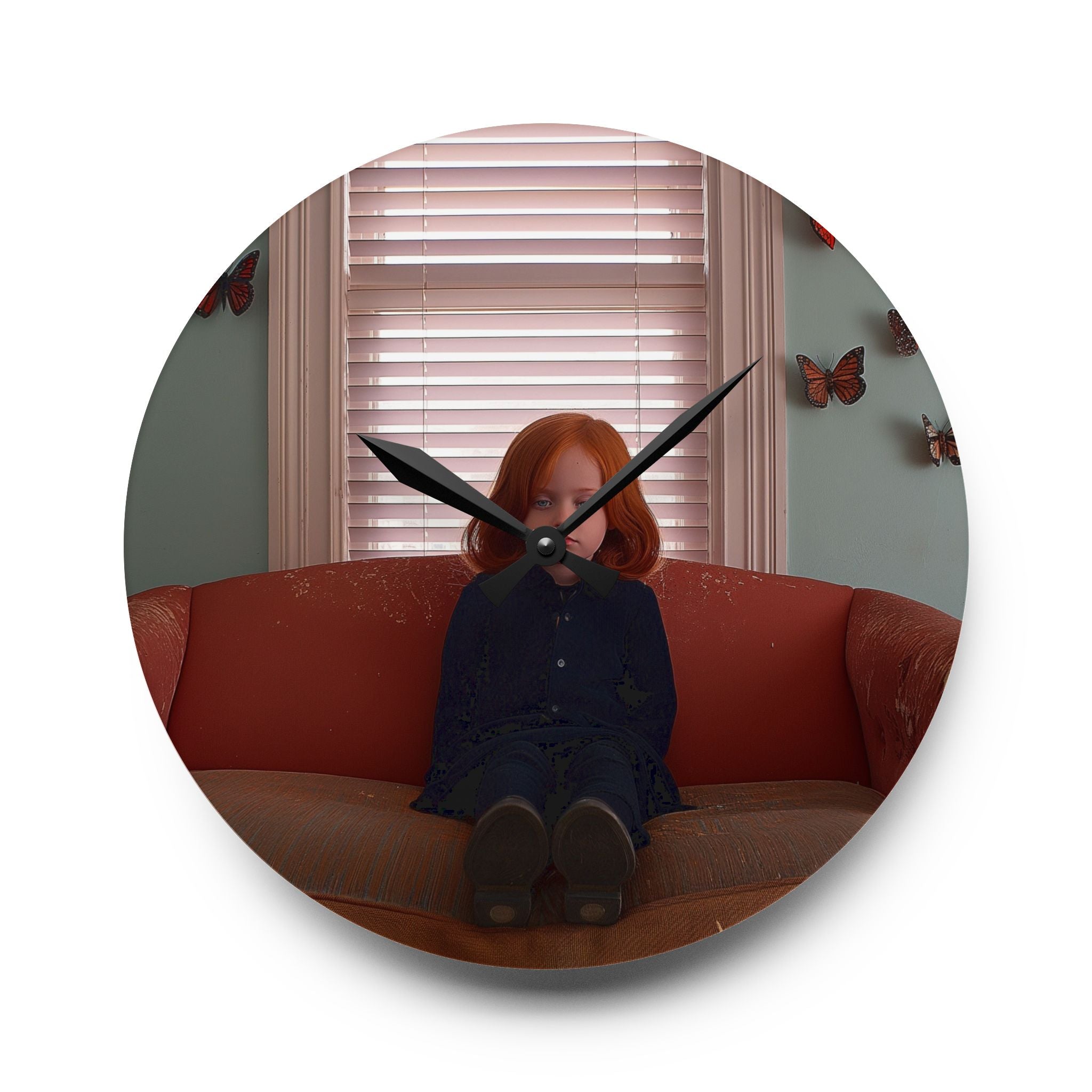 Creepy Vintage Girl Acrylic Wall Clock — Retro Butterfly Living Room Decor