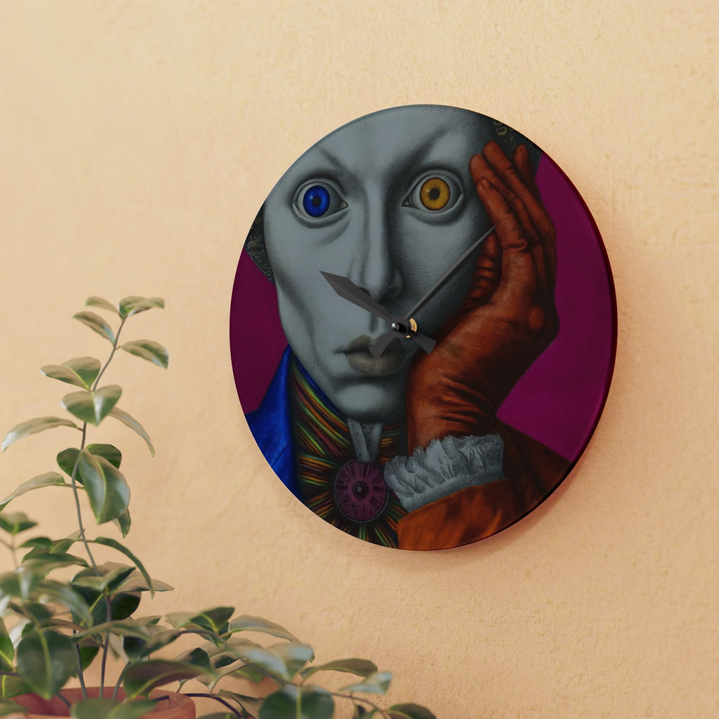 Surreal Harlequin Acrylic Wall Clock – Colorful Mismatched Eyes Art