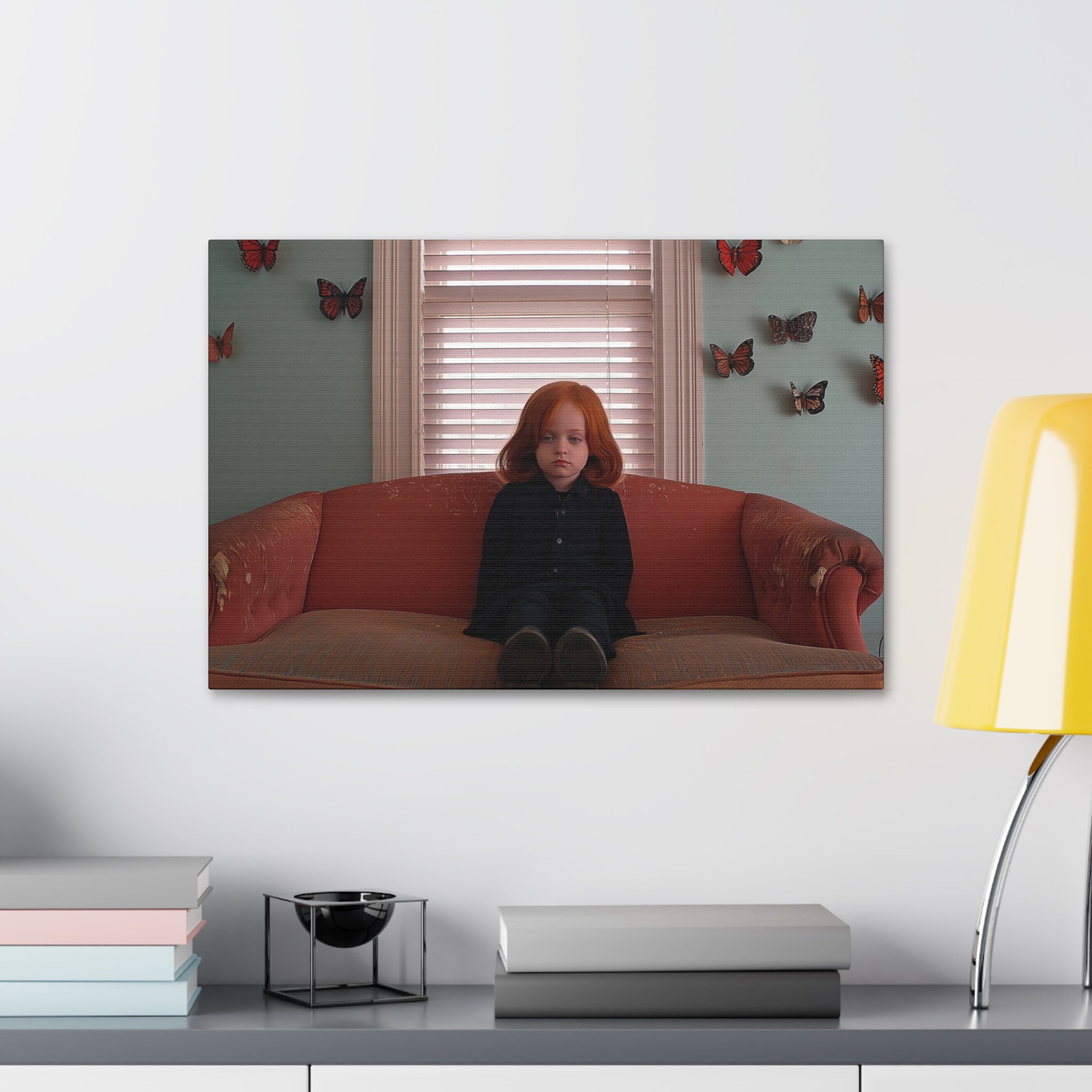 Vintage Portrait Canvas Print — Girl on Sofa with Butterfly Wall Art, Stretched 1.5"