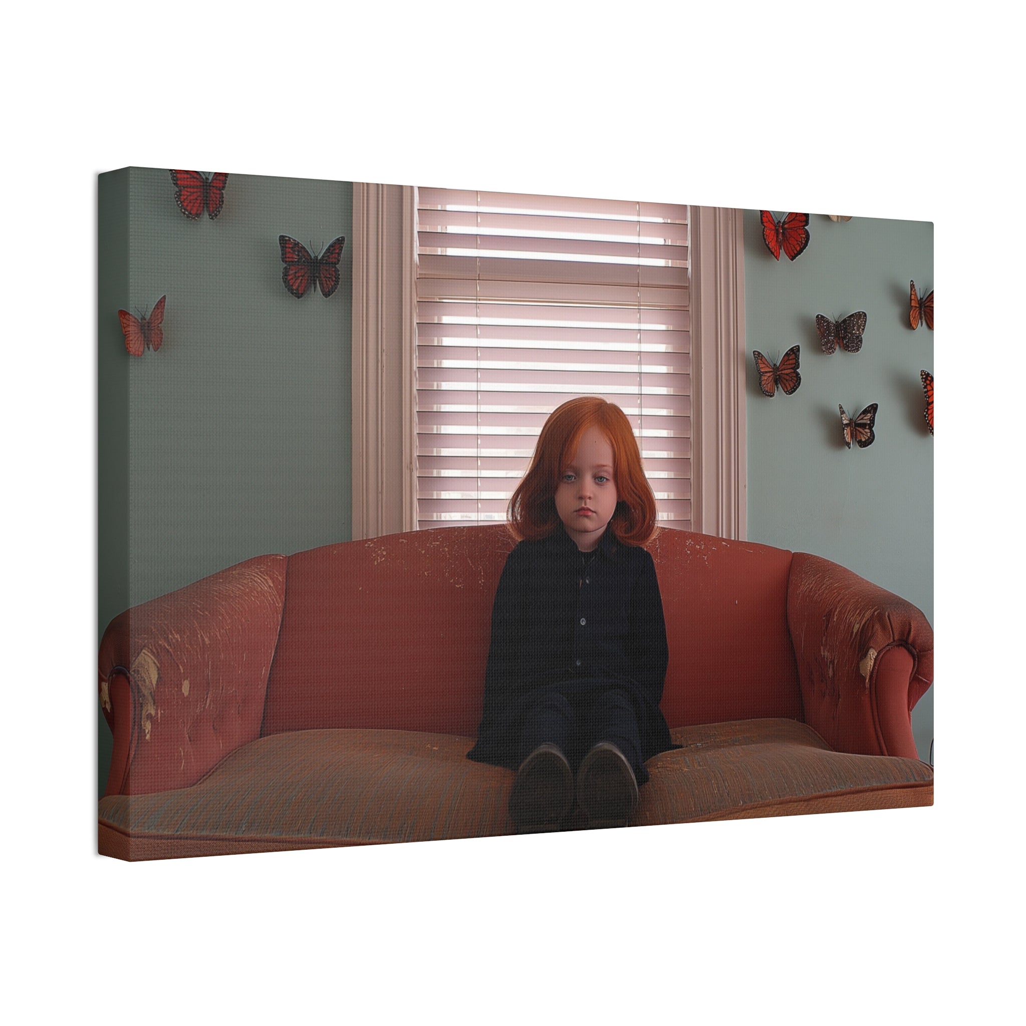 Vintage Portrait Canvas Print — Girl on Sofa with Butterfly Wall Art, Stretched 1.5"