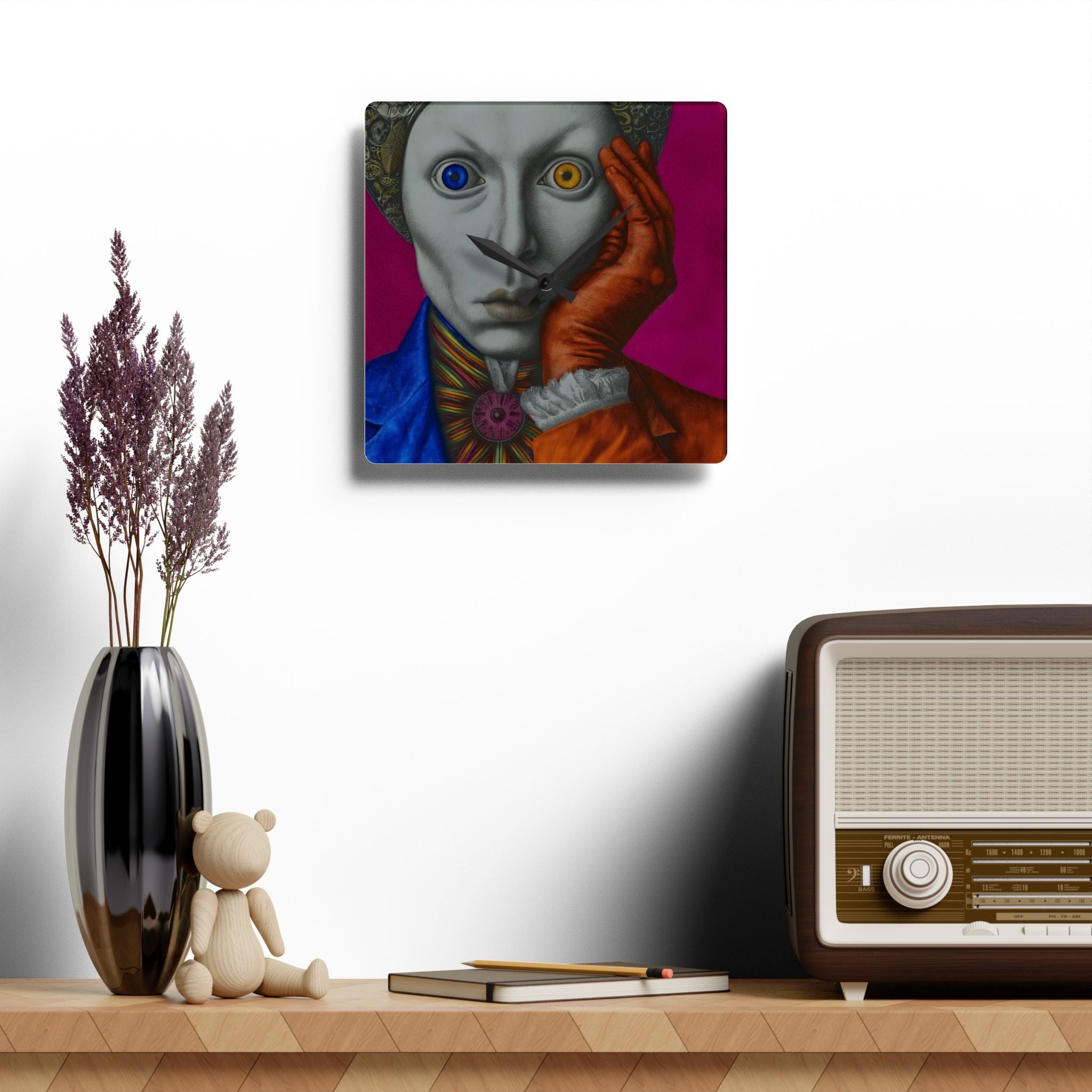 Surreal Harlequin Acrylic Wall Clock – Colorful Mismatched Eyes Art