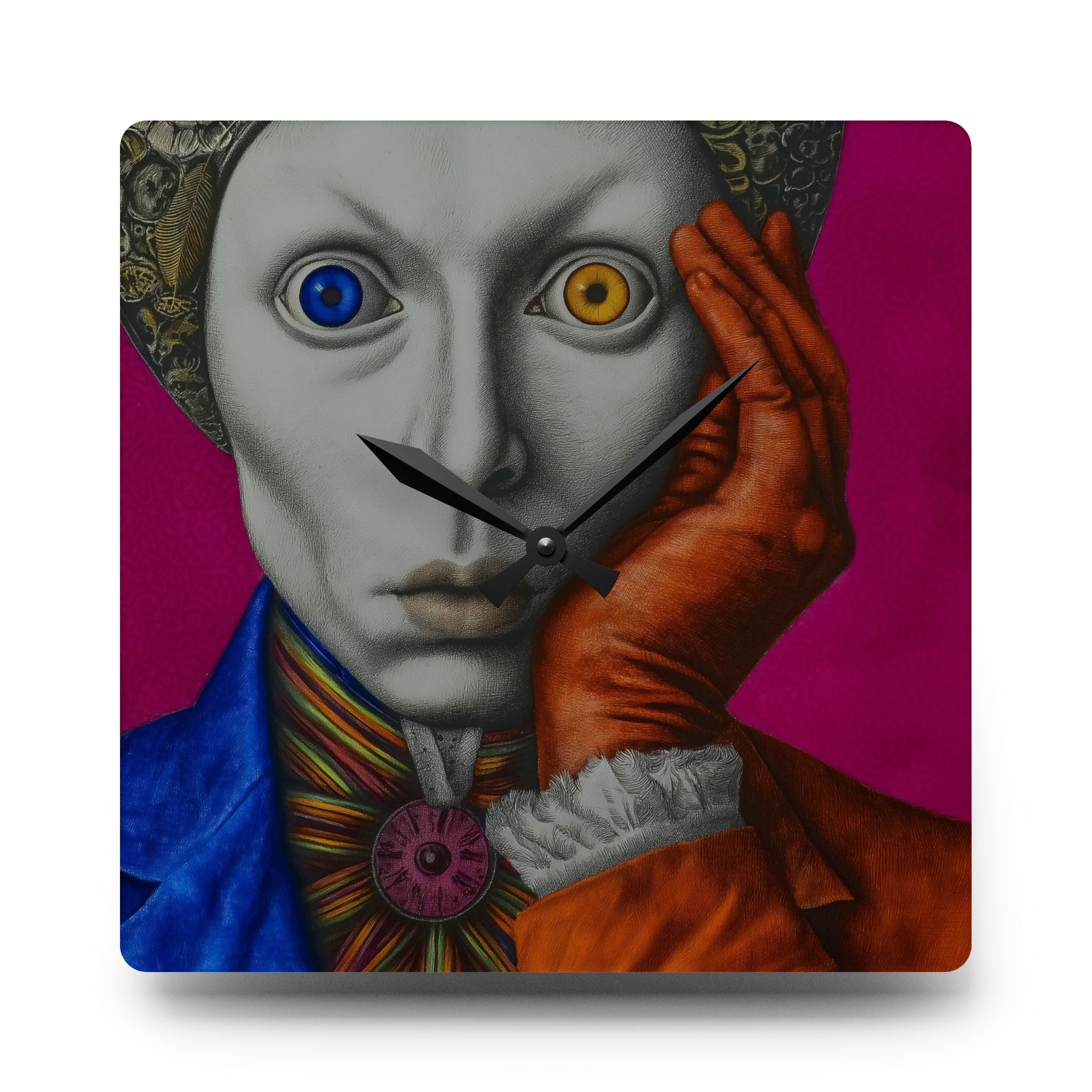 Surreal Harlequin Acrylic Wall Clock – Colorful Mismatched Eyes Art