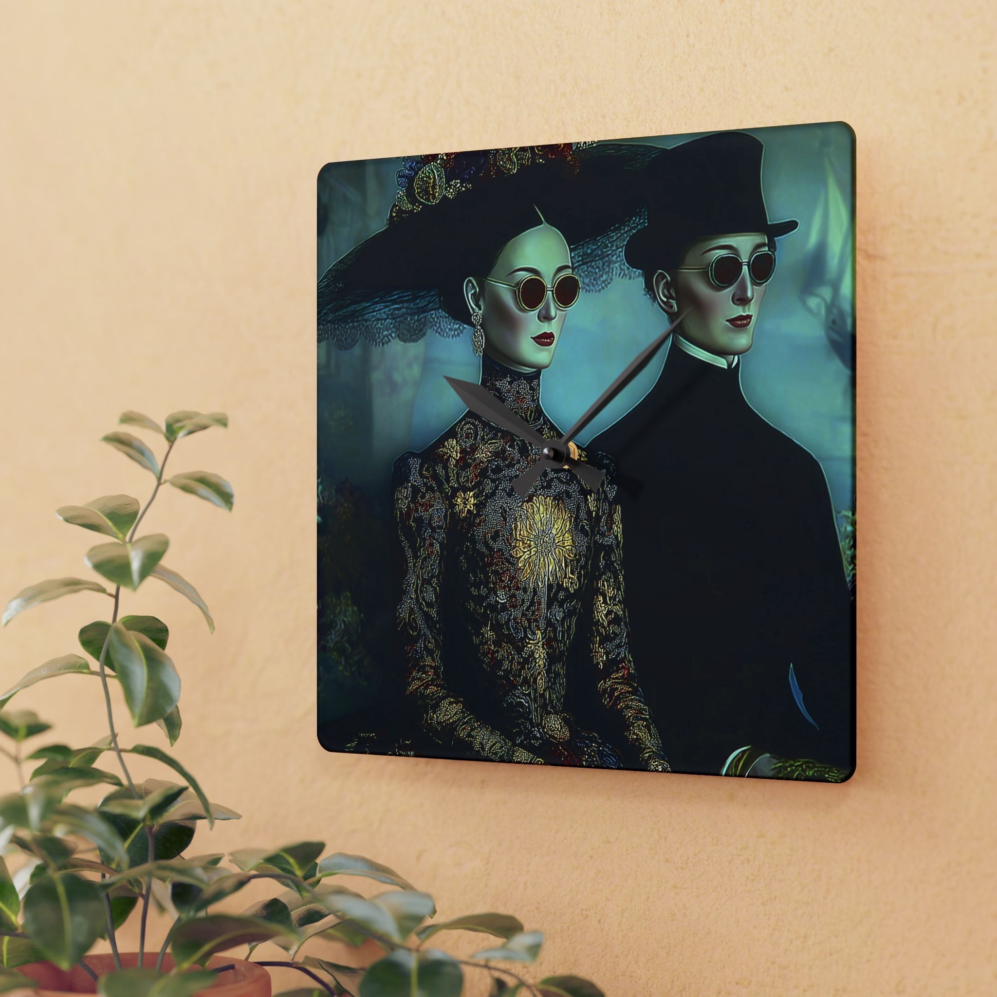 Victorian Goth Couple Acrylic Wall Clock — Vintage Gothic Portrait Home Decor