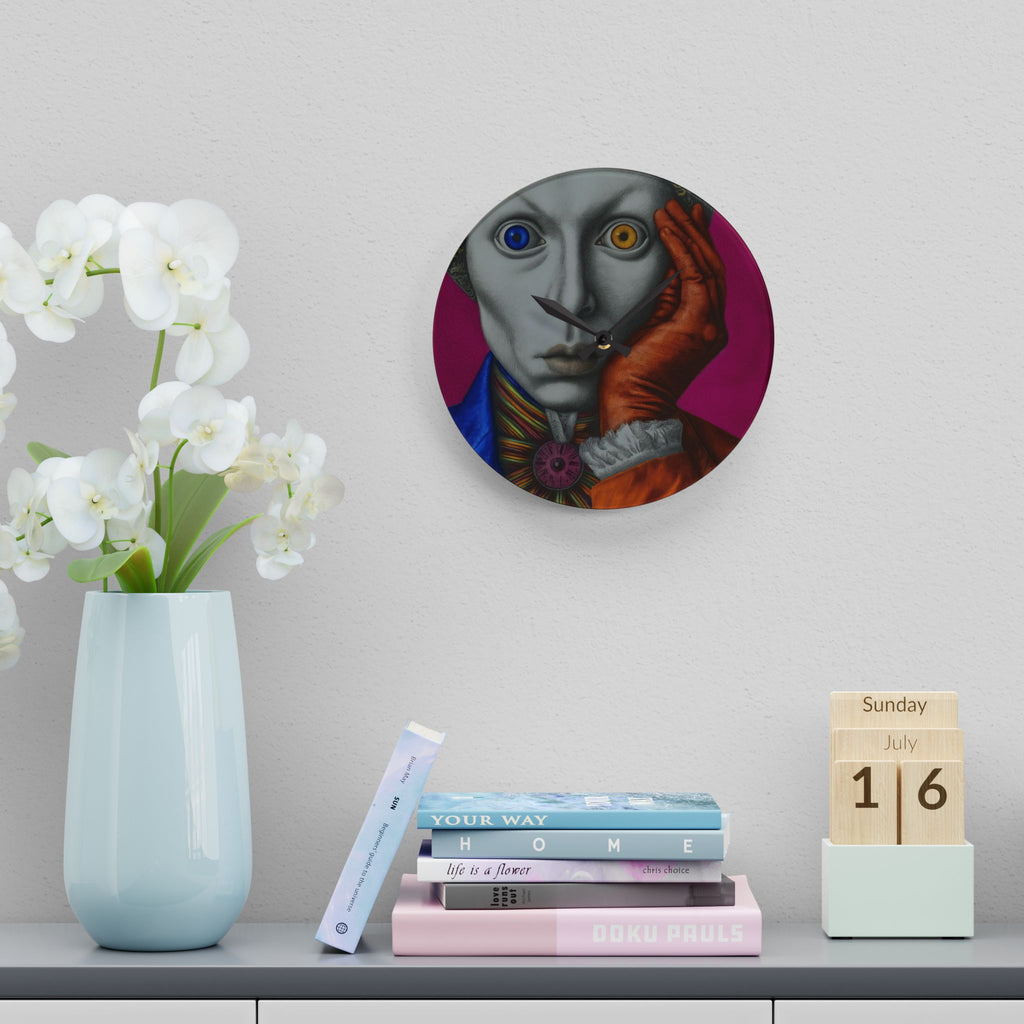 Surreal Harlequin Acrylic Wall Clock – Colorful Mismatched Eyes Art