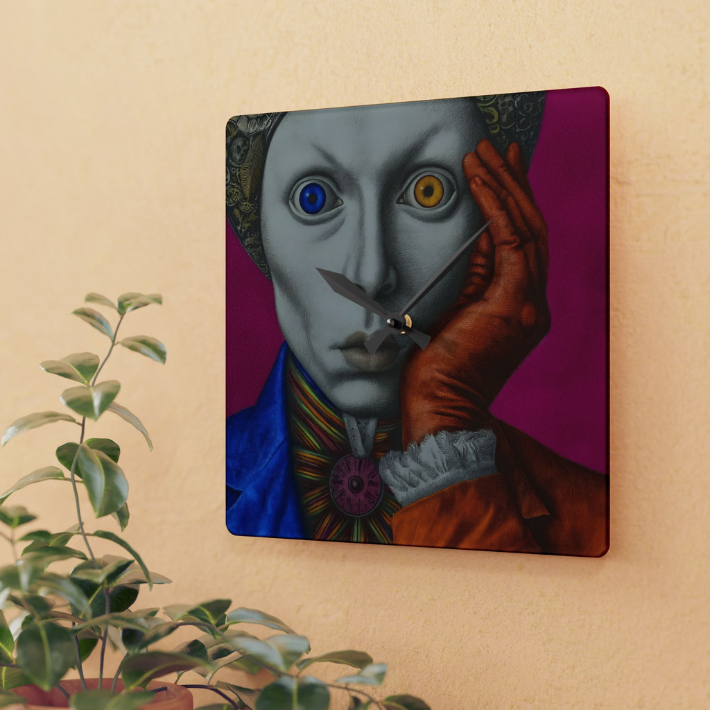 Surreal Harlequin Acrylic Wall Clock – Colorful Mismatched Eyes Art