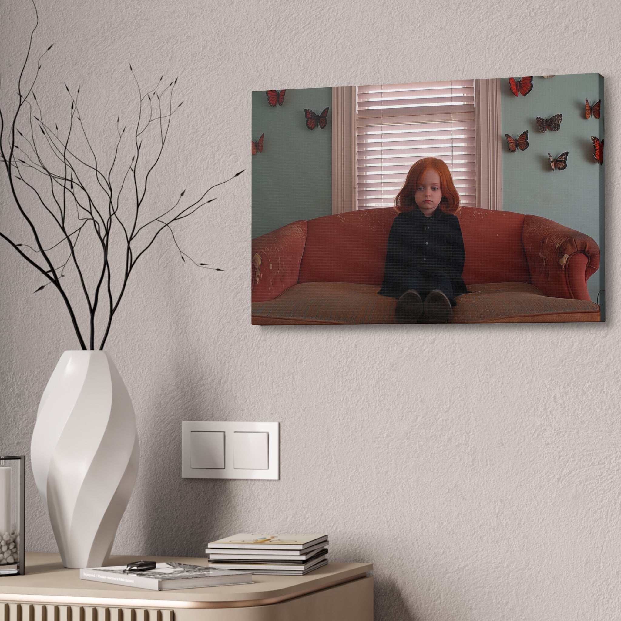 Vintage Portrait Canvas Print — Girl on Sofa with Butterfly Wall Art, Stretched 1.5"