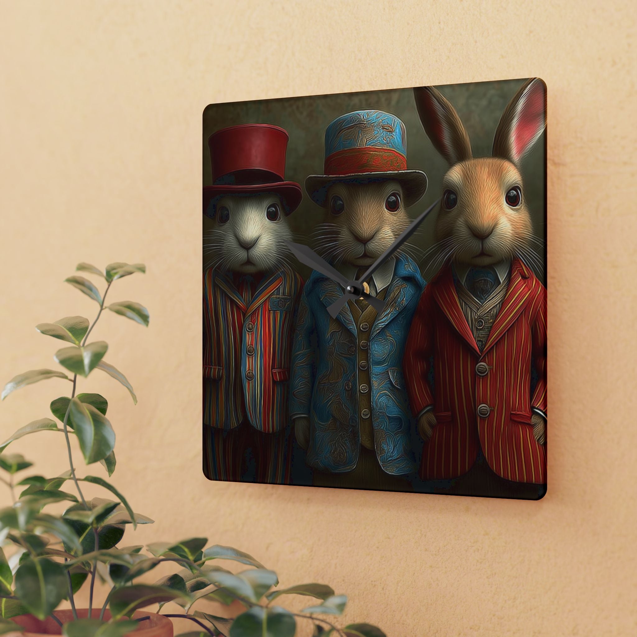 Vintage Dapper Rabbits Acrylic Wall Clock — Whimsical Animal Portrait Home Decor