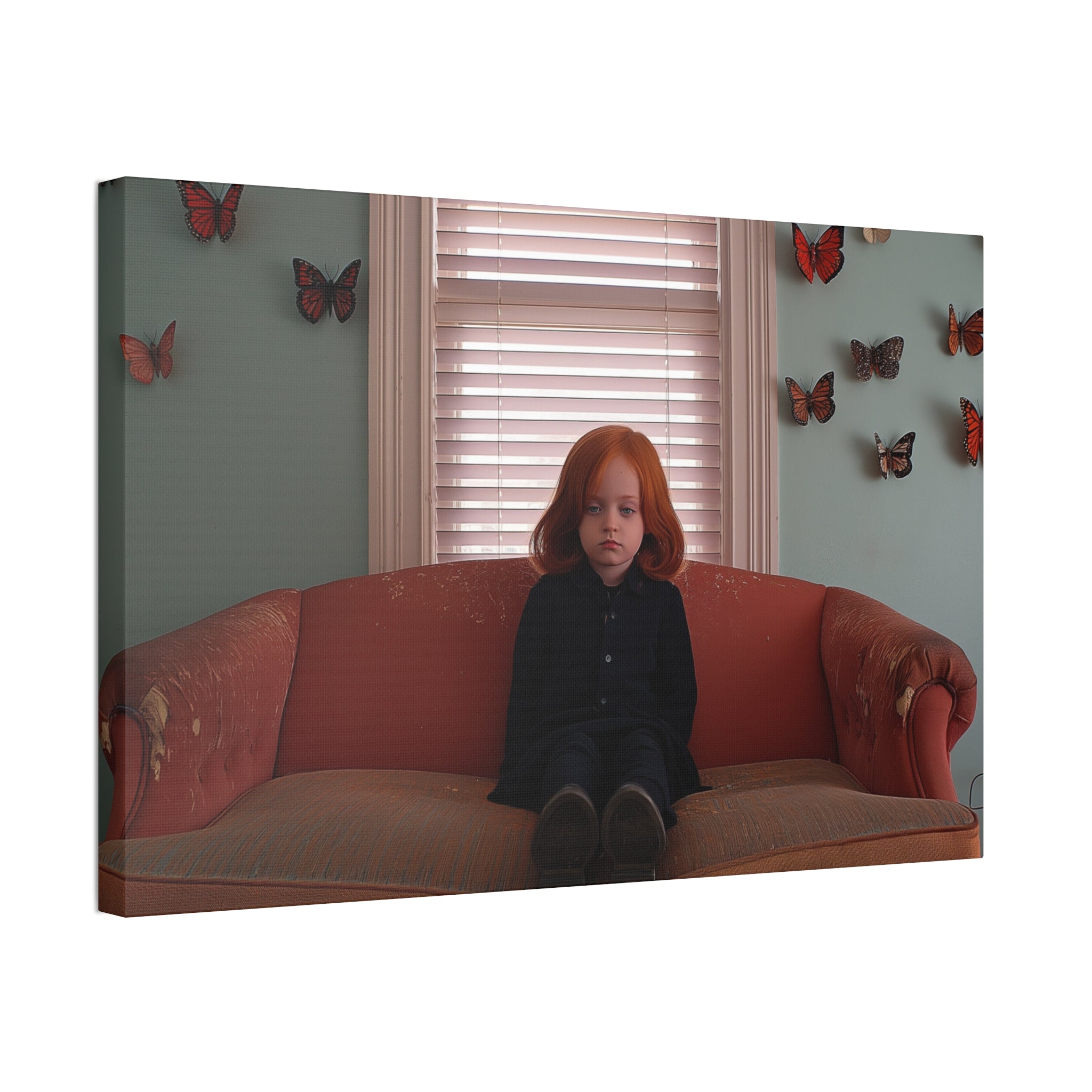Vintage Portrait Canvas Print — Girl on Sofa with Butterfly Wall Art, Stretched 1.5"