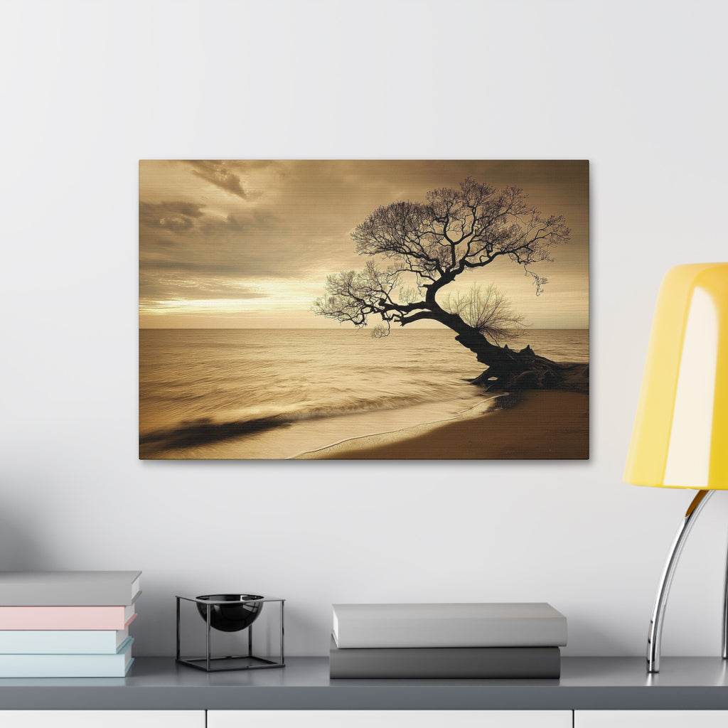 Sepia Beach Tree Canvas Wall Art - Stretched 1.5"