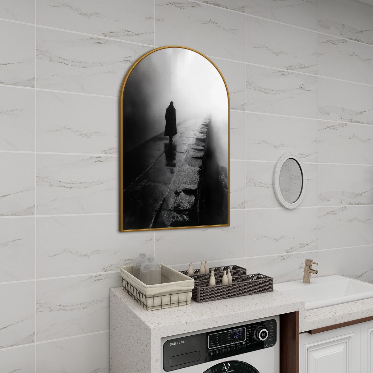 Mysterious Solitude: Atmospheric Black and White Arched Canvas Wall Art (Made in USA)