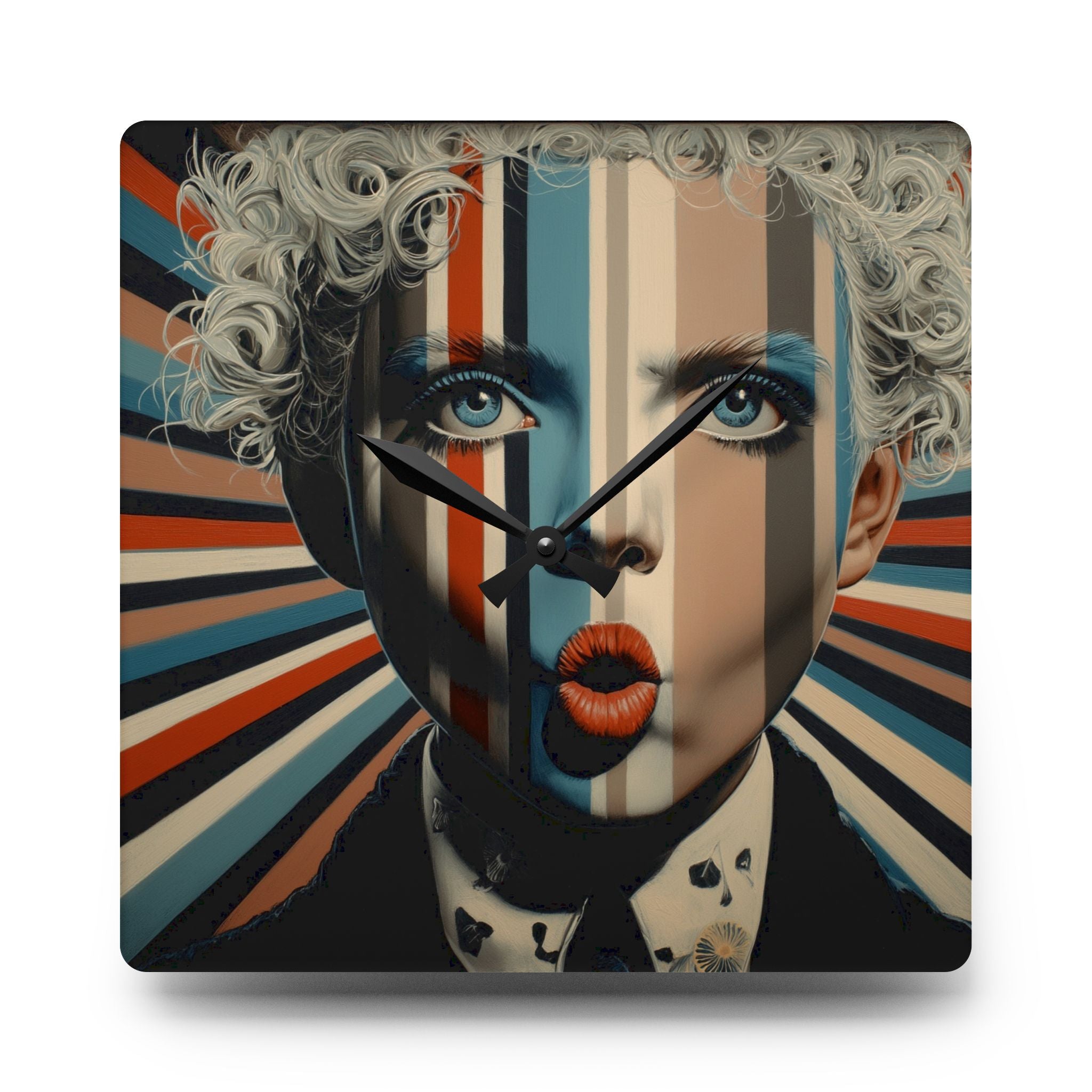 Pop Art Portrait Acrylic Wall Clock — Retro Geometric Face Design