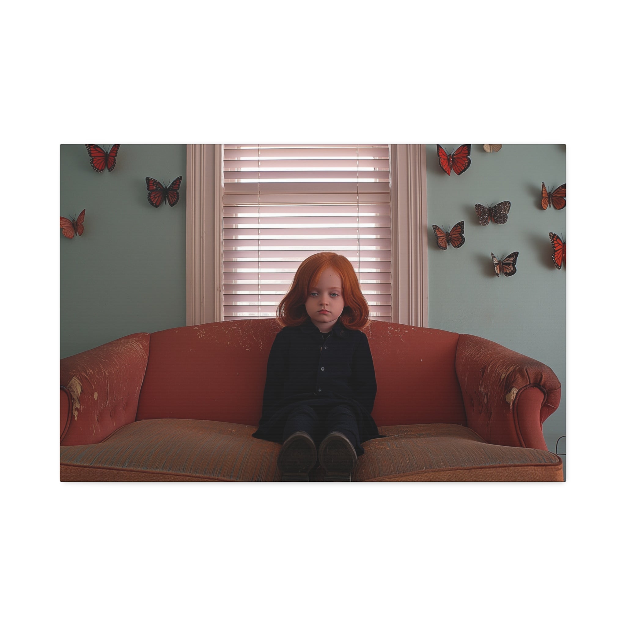 Vintage Portrait Canvas Print — Girl on Sofa with Butterfly Wall Art, Stretched 1.5"