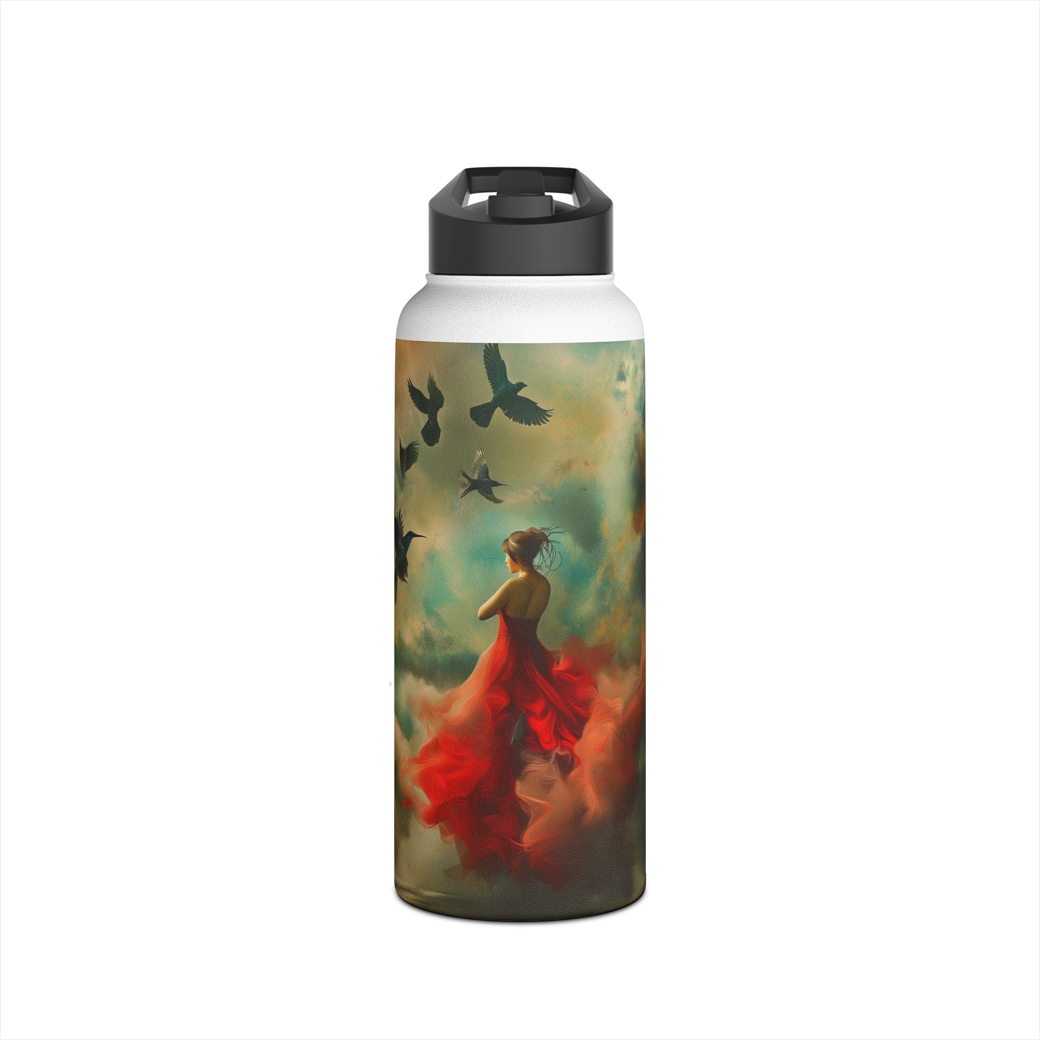 Ethereal Beauty in Red: Stainless Steel Water Bottle - Nature-Inspired Design