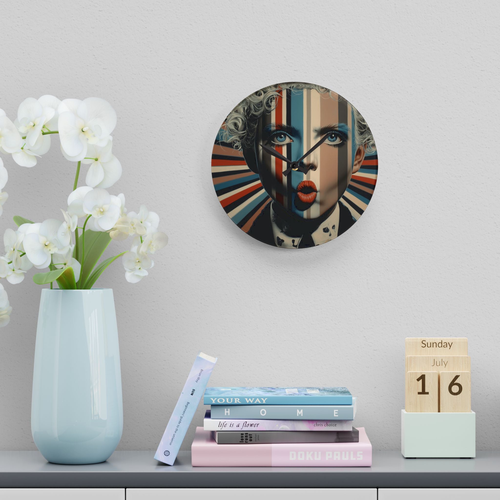 Pop Art Portrait Acrylic Wall Clock — Retro Geometric Face Design