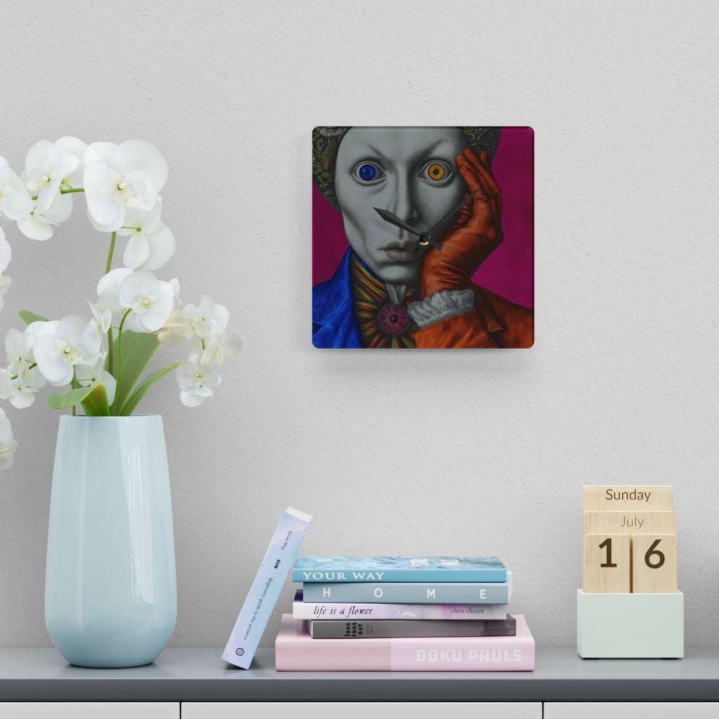 Surreal Harlequin Acrylic Wall Clock – Colorful Mismatched Eyes Art
