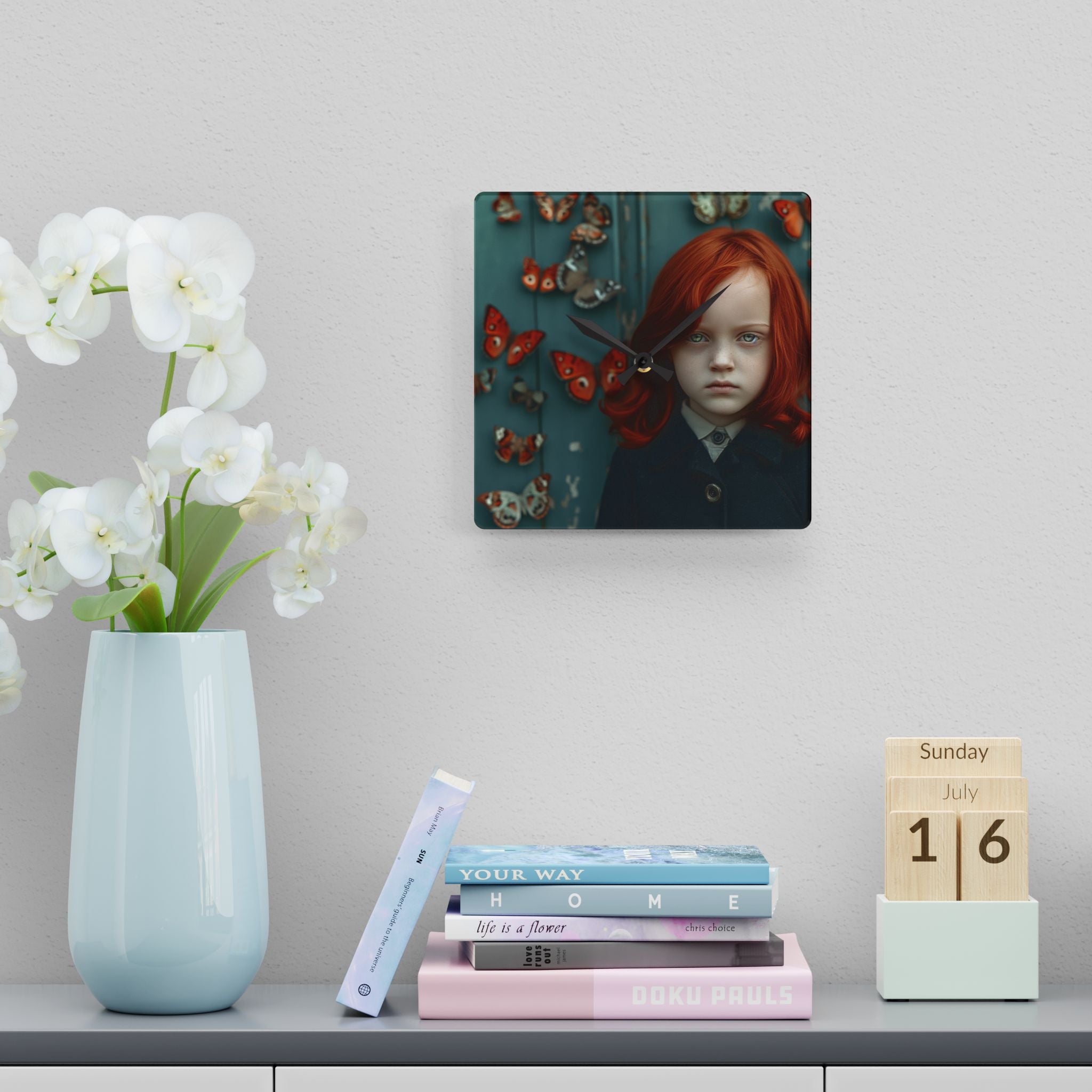 Red-Headed Girl & Butterflies Acrylic Wall Clock — Moody Vintage Portrait Decor