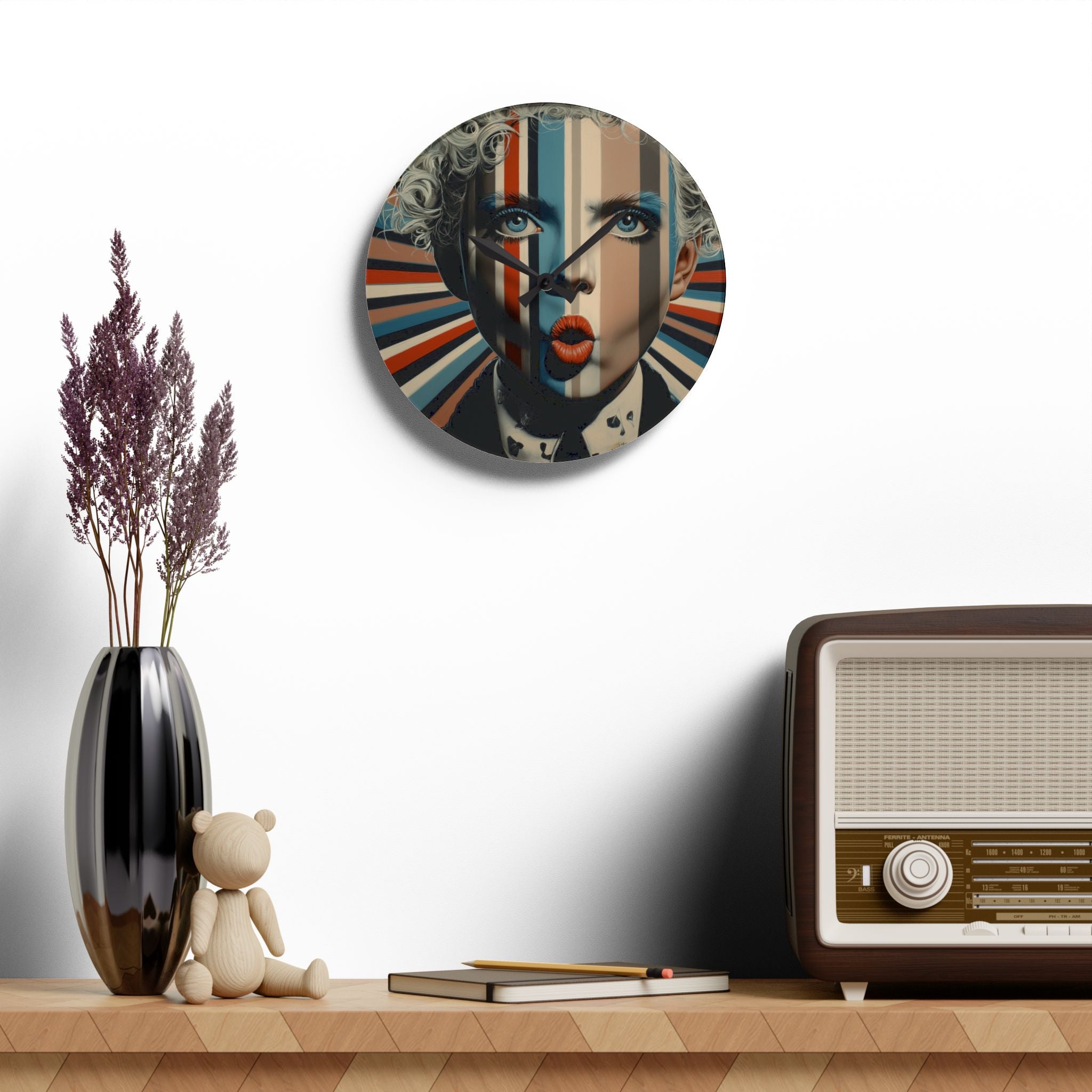 Pop Art Portrait Acrylic Wall Clock — Retro Geometric Face Design