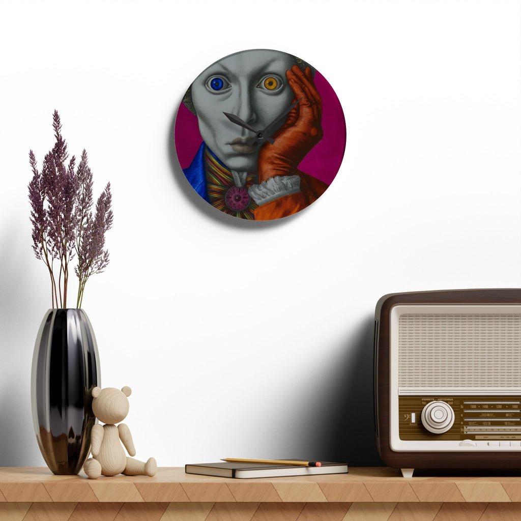 Surreal Harlequin Acrylic Wall Clock – Colorful Mismatched Eyes Art
