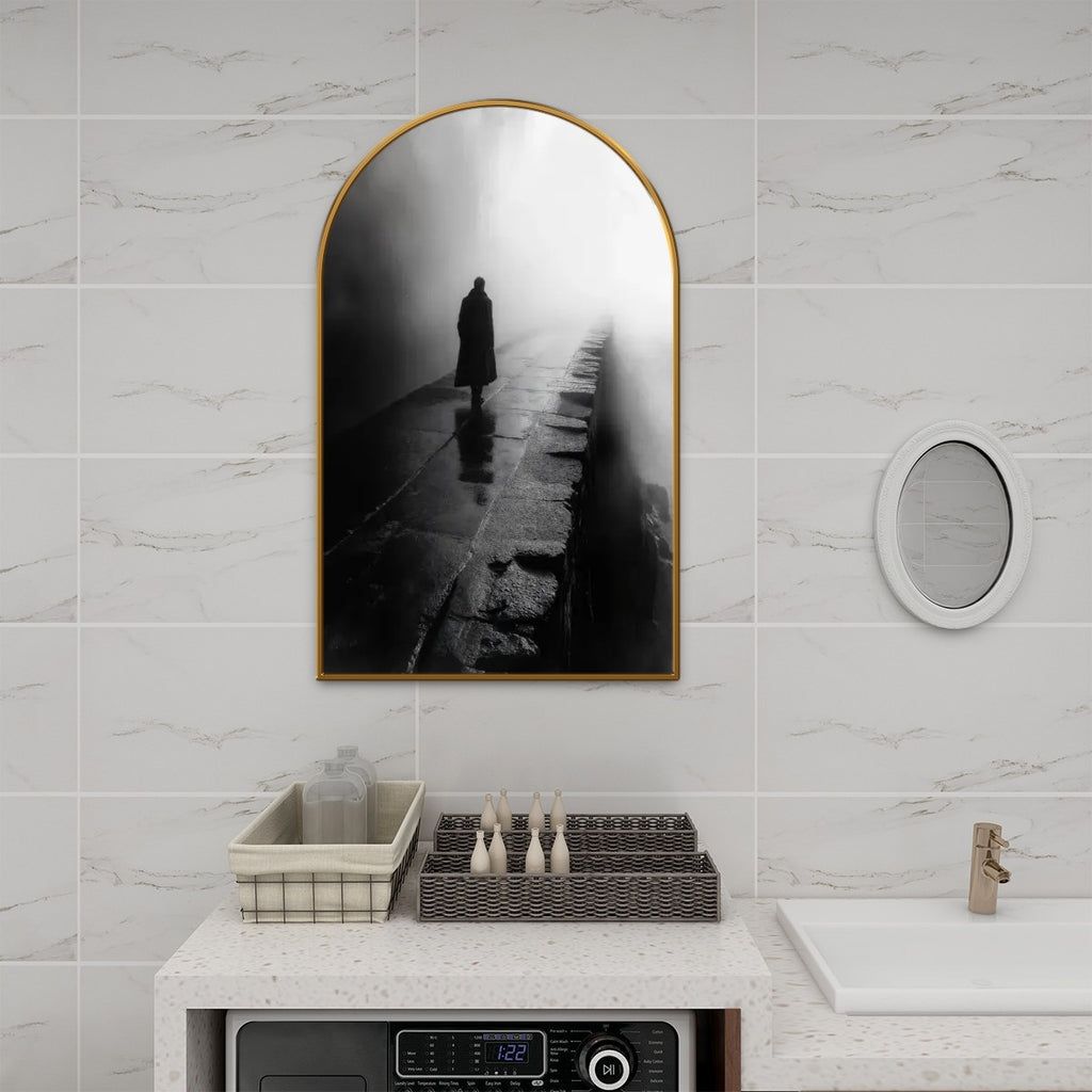 Mysterious Solitude: Atmospheric Black and White Arched Canvas Wall Art (Made in USA)