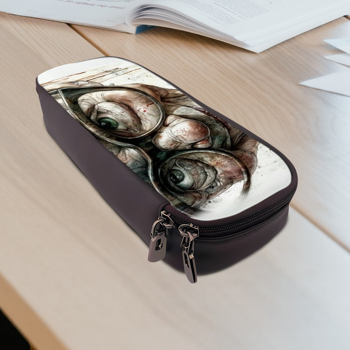 Wisdom and Whimsy: Horizontal Leather Clamshell Pencil Case