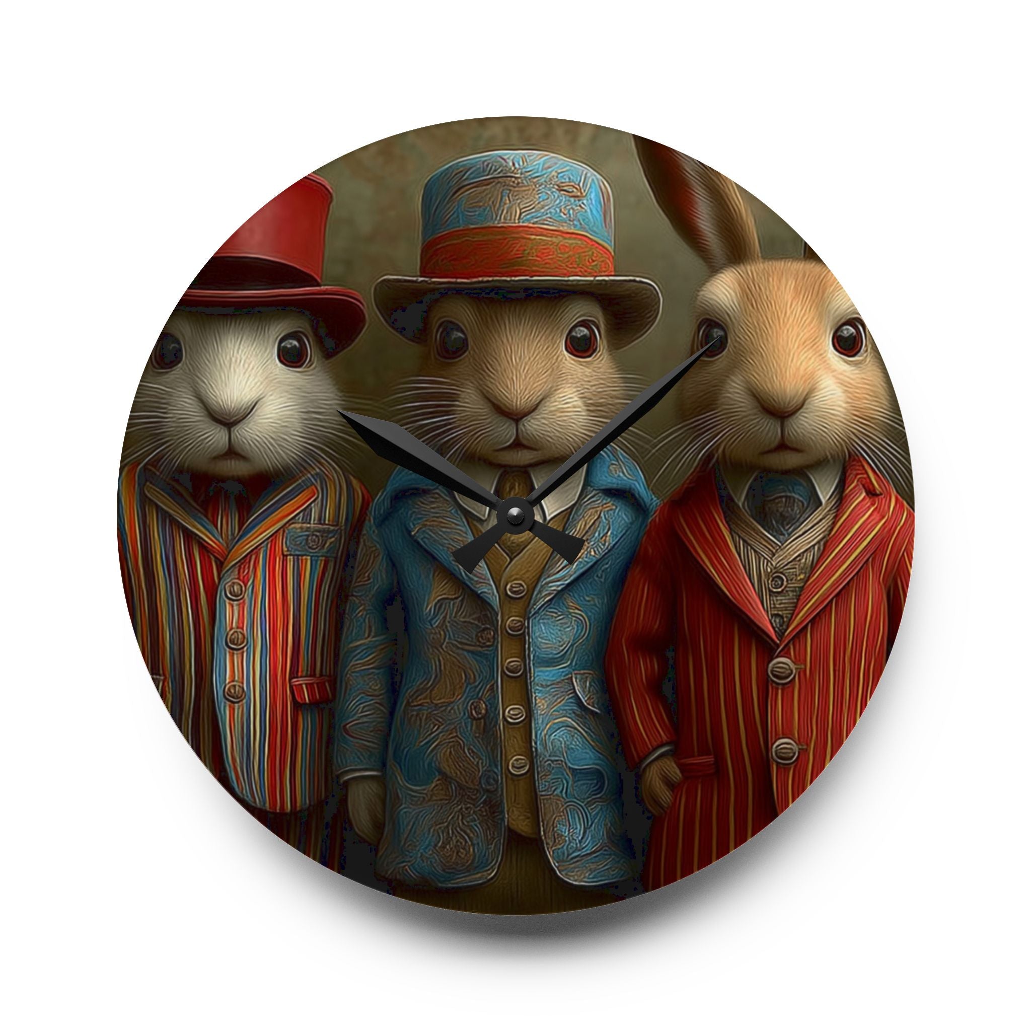Vintage Dapper Rabbits Acrylic Wall Clock — Whimsical Animal Portrait Home Decor