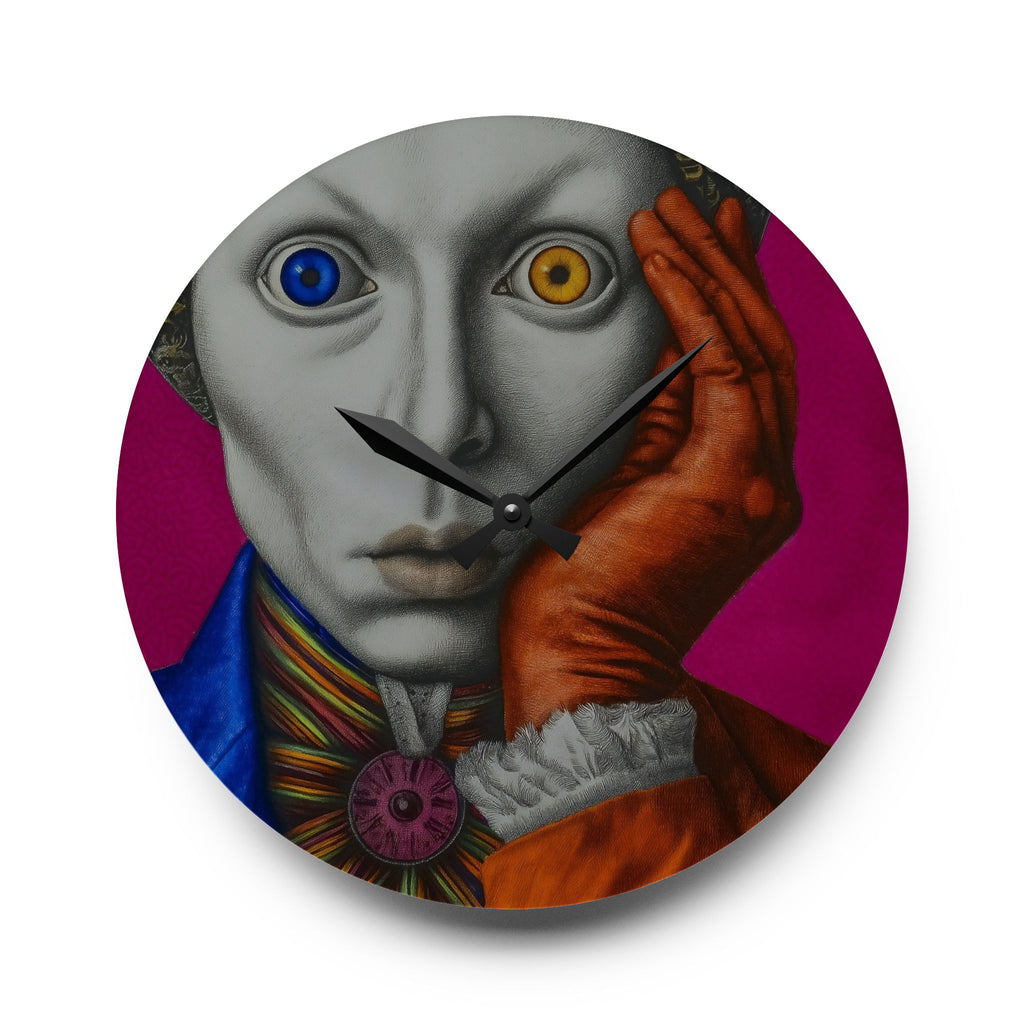 Surreal Harlequin Acrylic Wall Clock – Colorful Mismatched Eyes Art