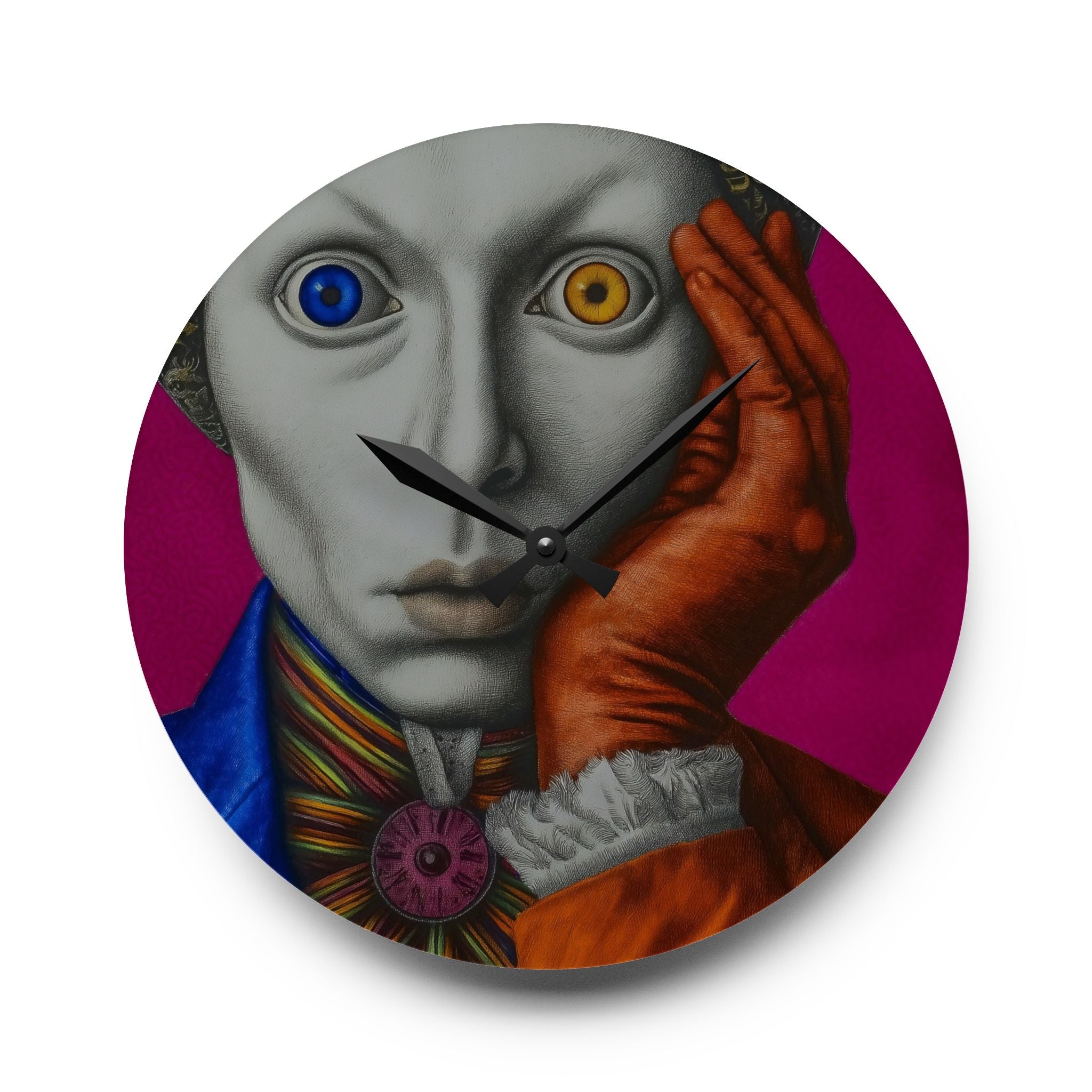 Surreal Harlequin Acrylic Wall Clock – Colorful Mismatched Eyes Art