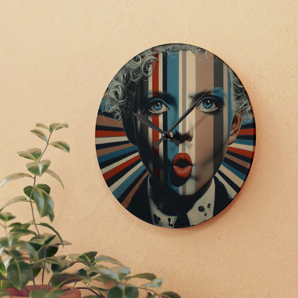 Pop Art Portrait Acrylic Wall Clock — Retro Geometric Face Design