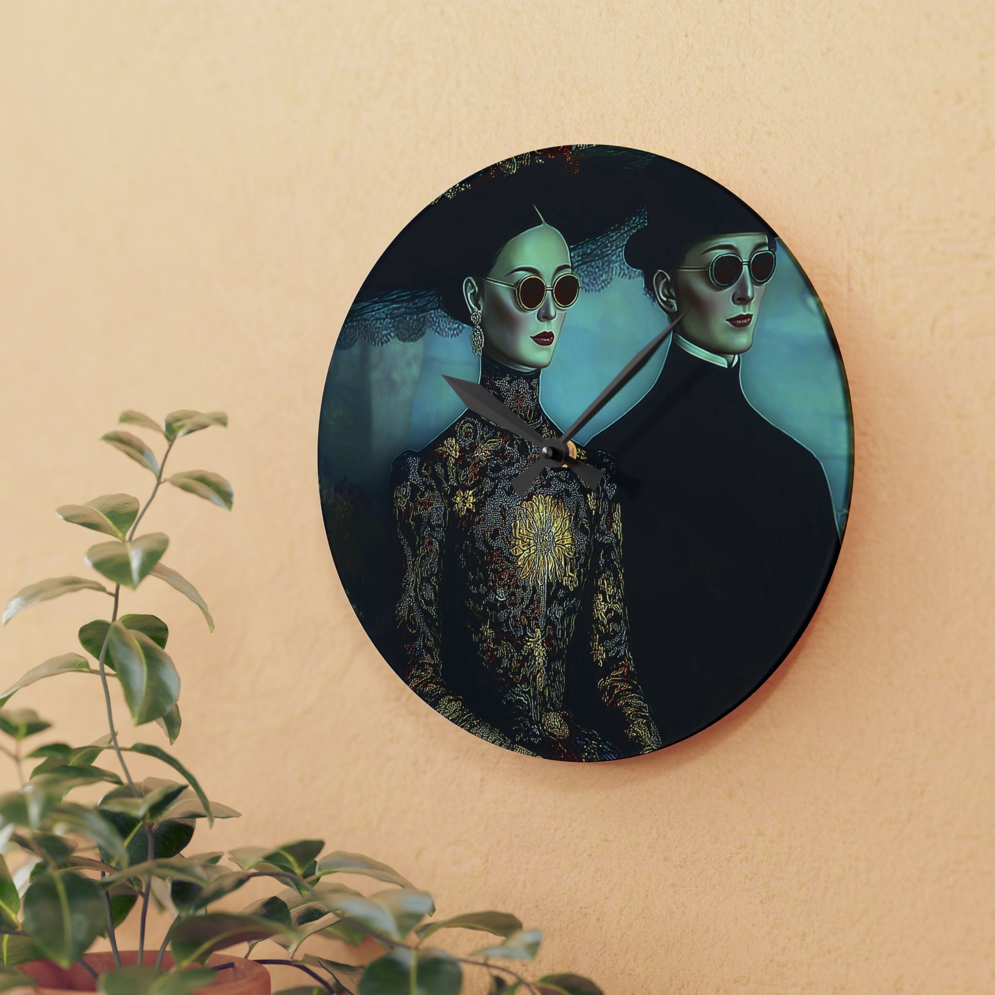 Victorian Goth Couple Acrylic Wall Clock — Vintage Gothic Portrait Home Decor