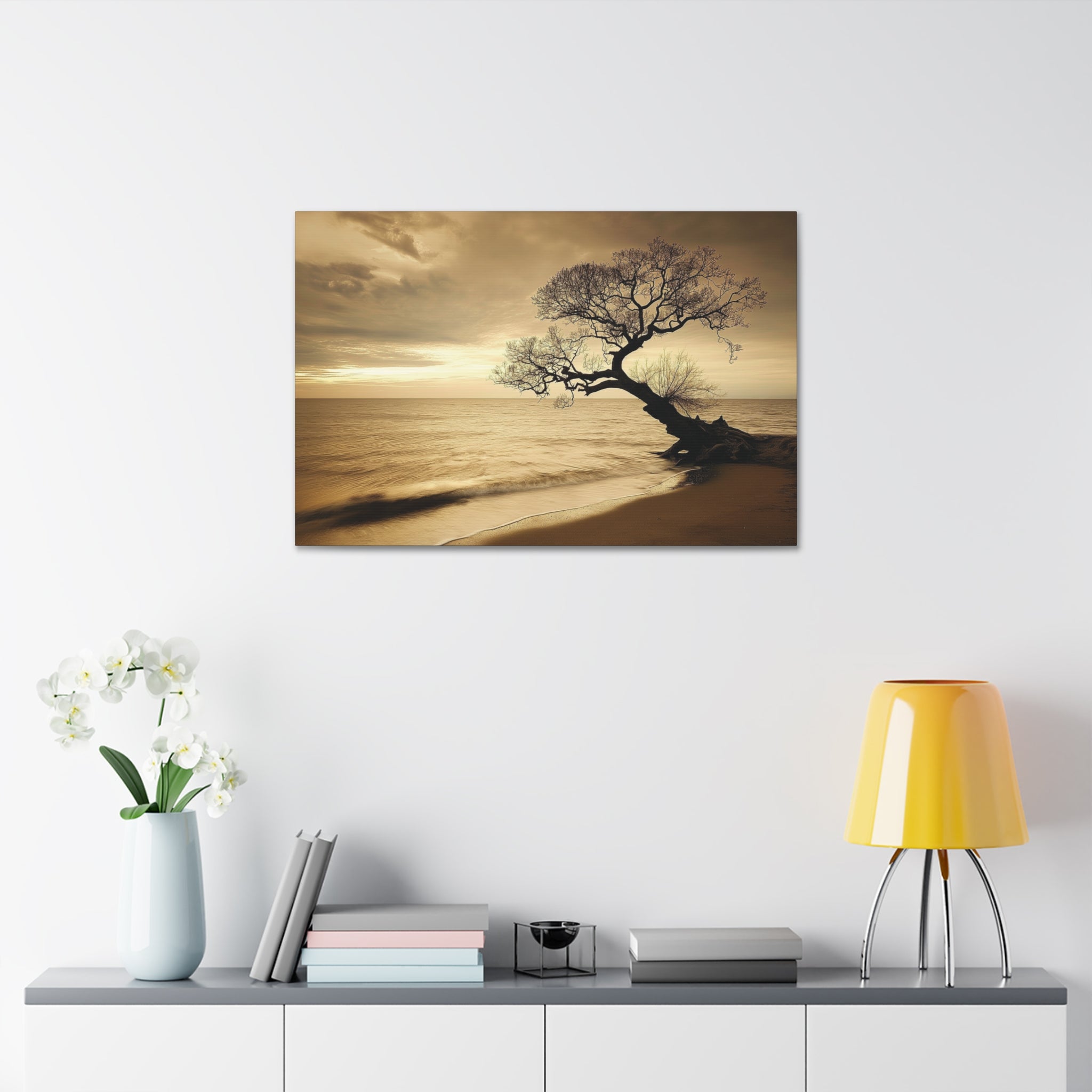 Sepia Beach Tree Canvas Wall Art - Stretched 1.5"