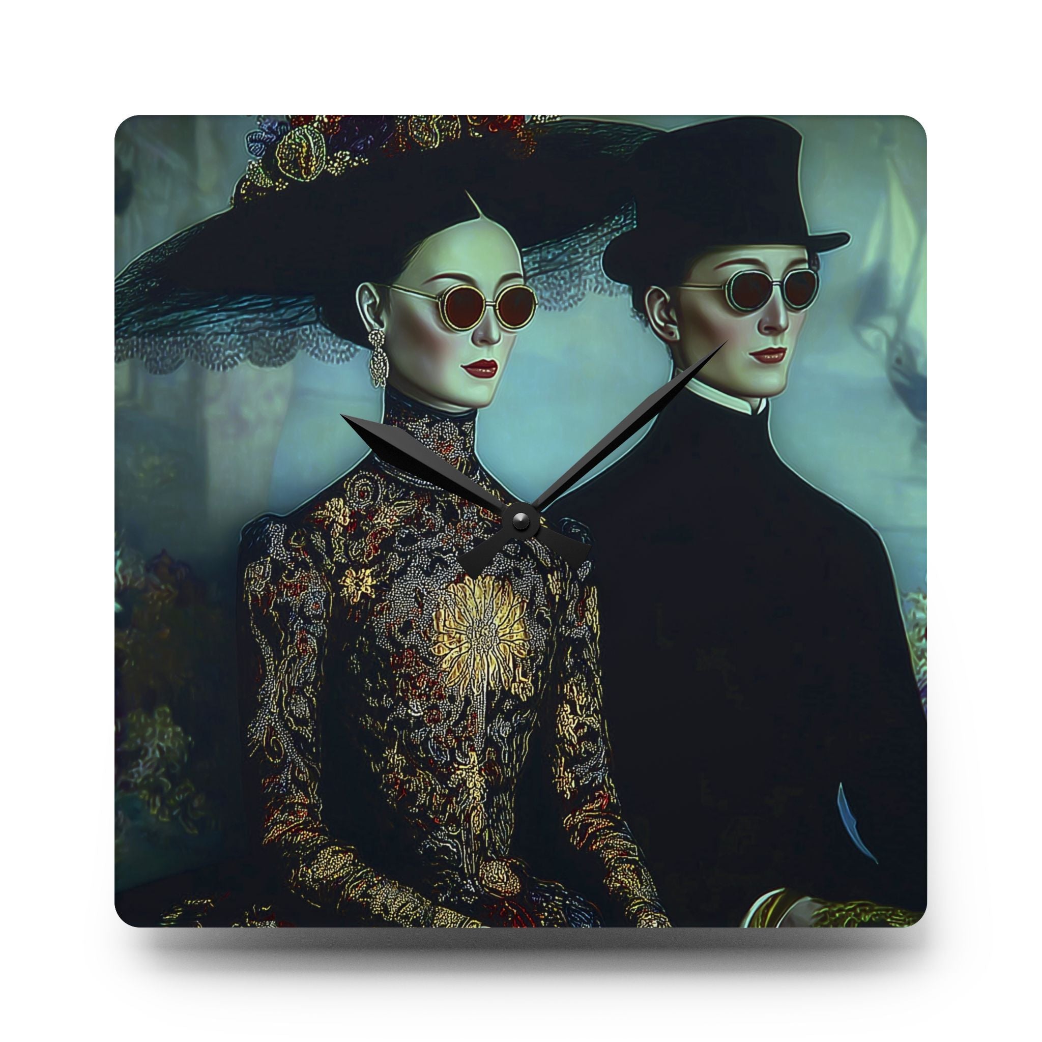 Victorian Goth Couple Acrylic Wall Clock — Vintage Gothic Portrait Home Decor