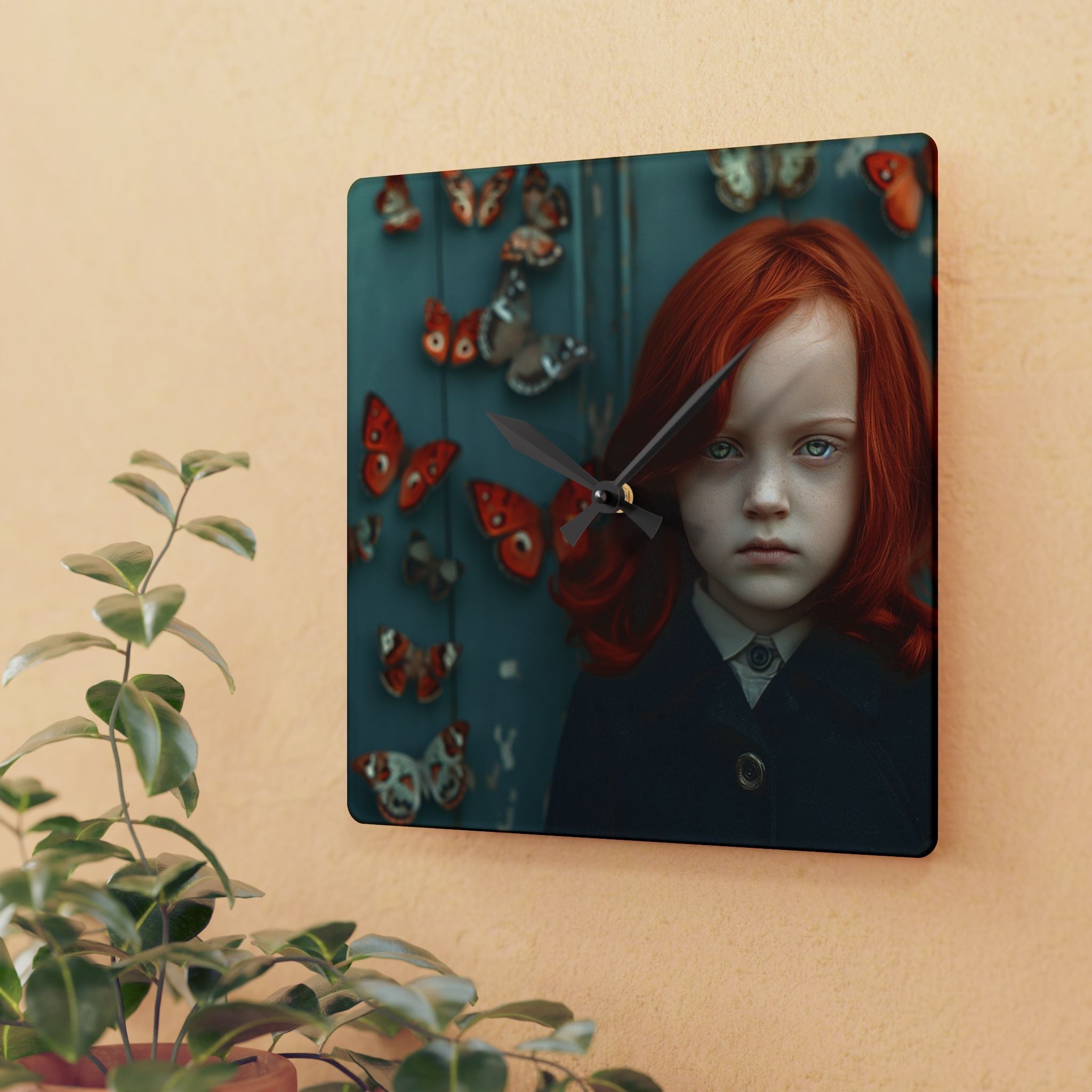 Red-Headed Girl & Butterflies Acrylic Wall Clock — Moody Vintage Portrait Decor