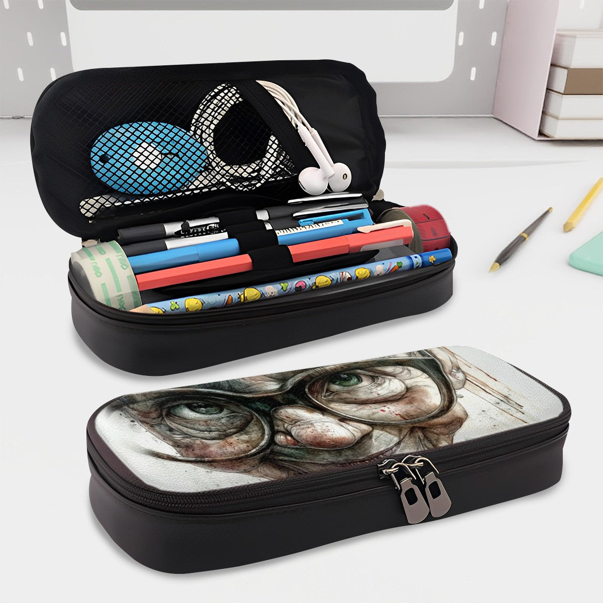 Wisdom and Whimsy: Horizontal Leather Clamshell Pencil Case