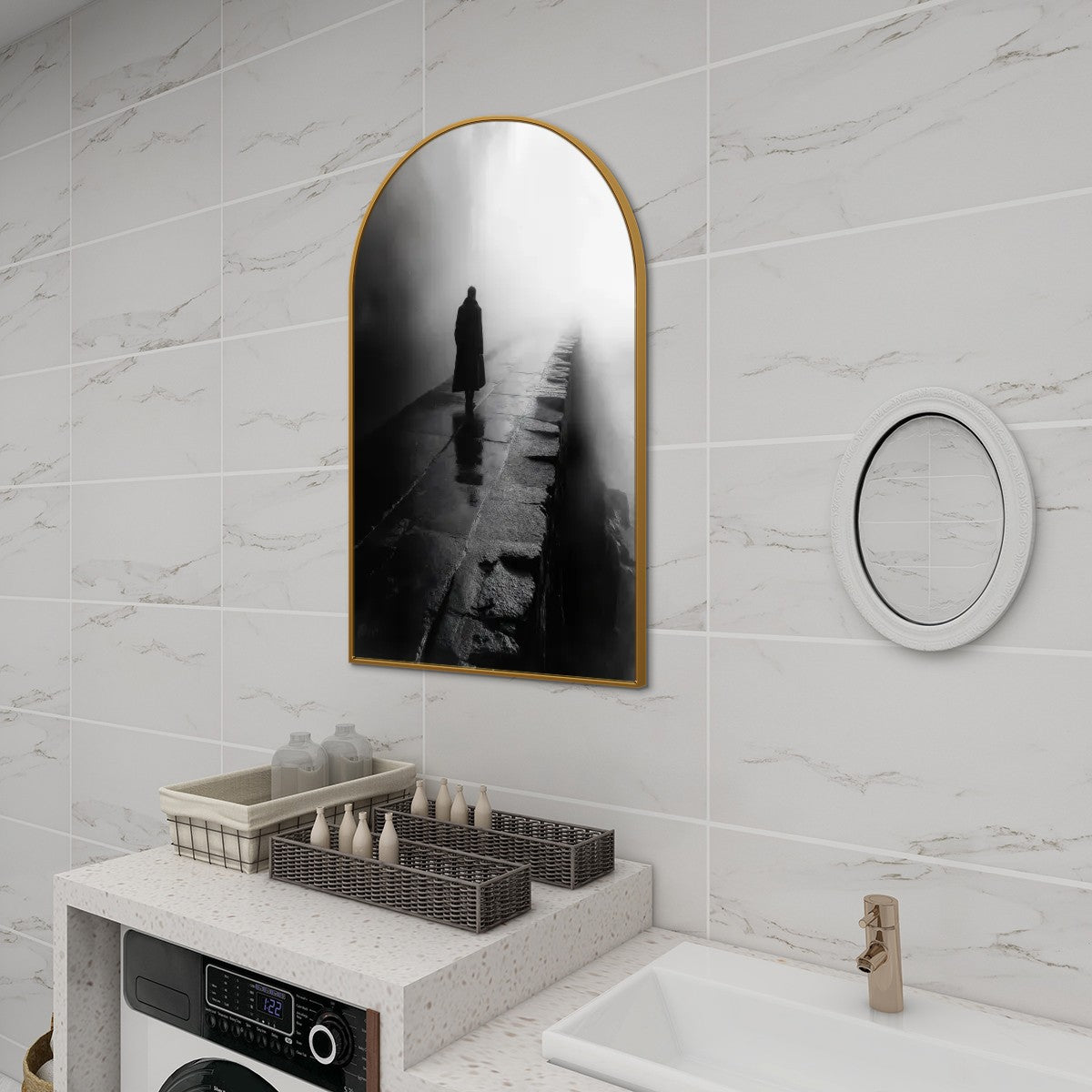 Mysterious Solitude: Atmospheric Black and White Arched Canvas Wall Art (Made in USA)